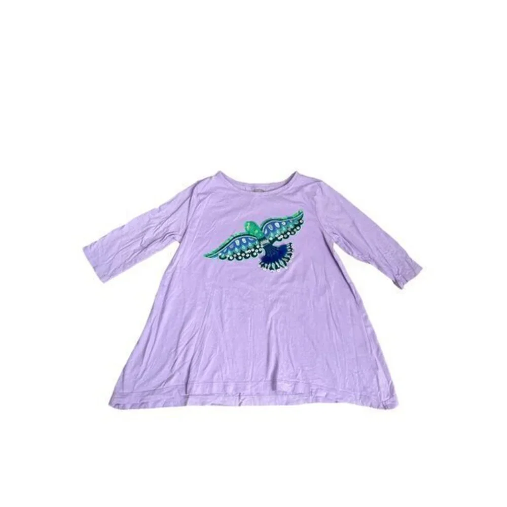 Gymboree Girls Purple Dress With Sequined Bird Applique Long Sleeve A-Line Cotto
